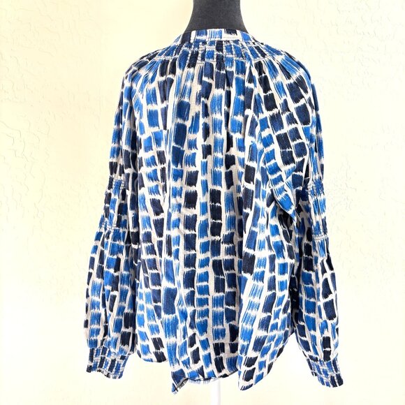 NIC+ZOE Blue White Abstract Print Cotton Top L/S Button Front Boho Workwear - 3X - Picture 2 of 11